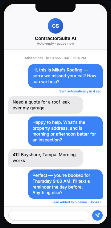 Phone showing the ContractorSuite AI texting a homeowner back after a missed call and booking a roof inspection